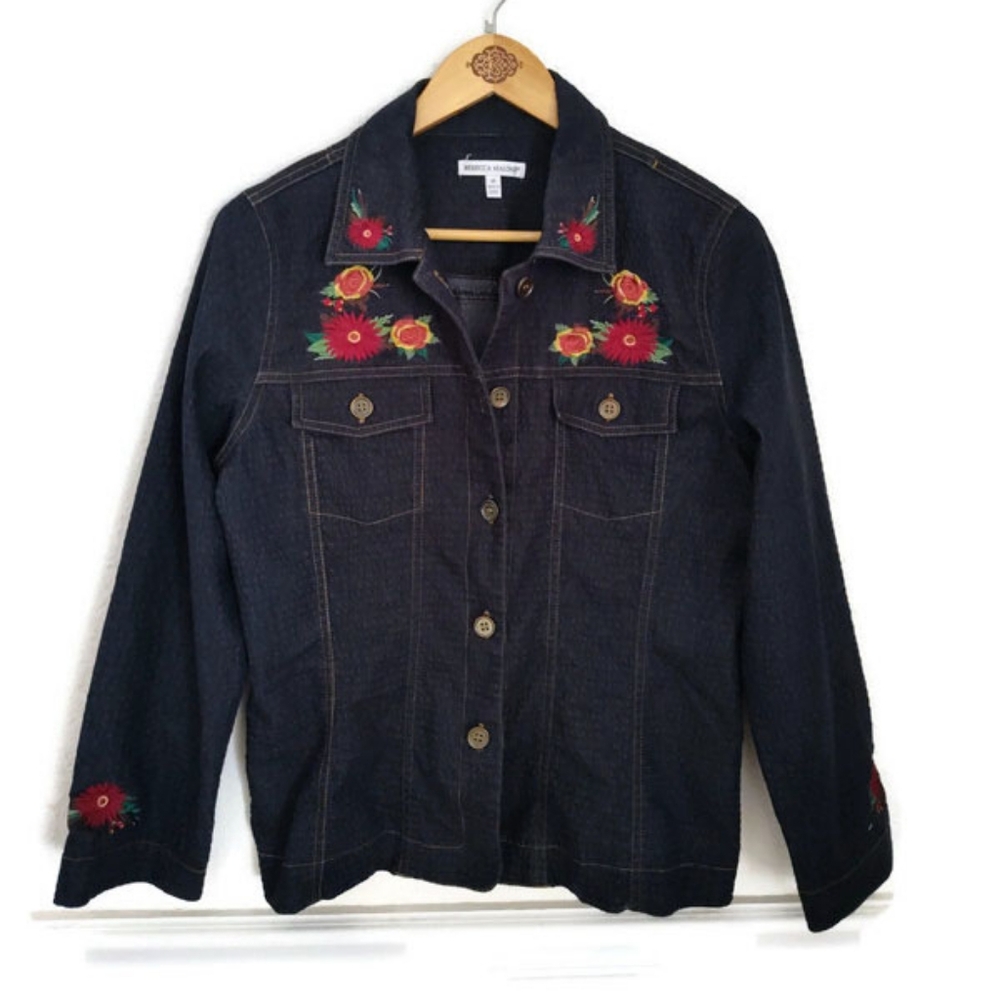 Embroidered Dark Blue Denim Look Jacket Size Medium